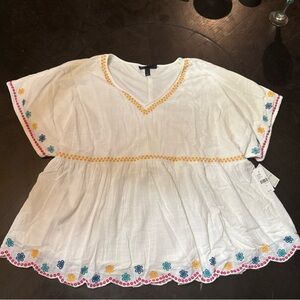 Lane Bryant White Blouse with Colorful Embroidery